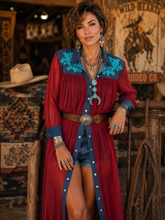 Lucky & Blessed Dresses & Skirts - Boho Sheer Longline Shirt Dress - Red with Blue Embroidered Yoke
